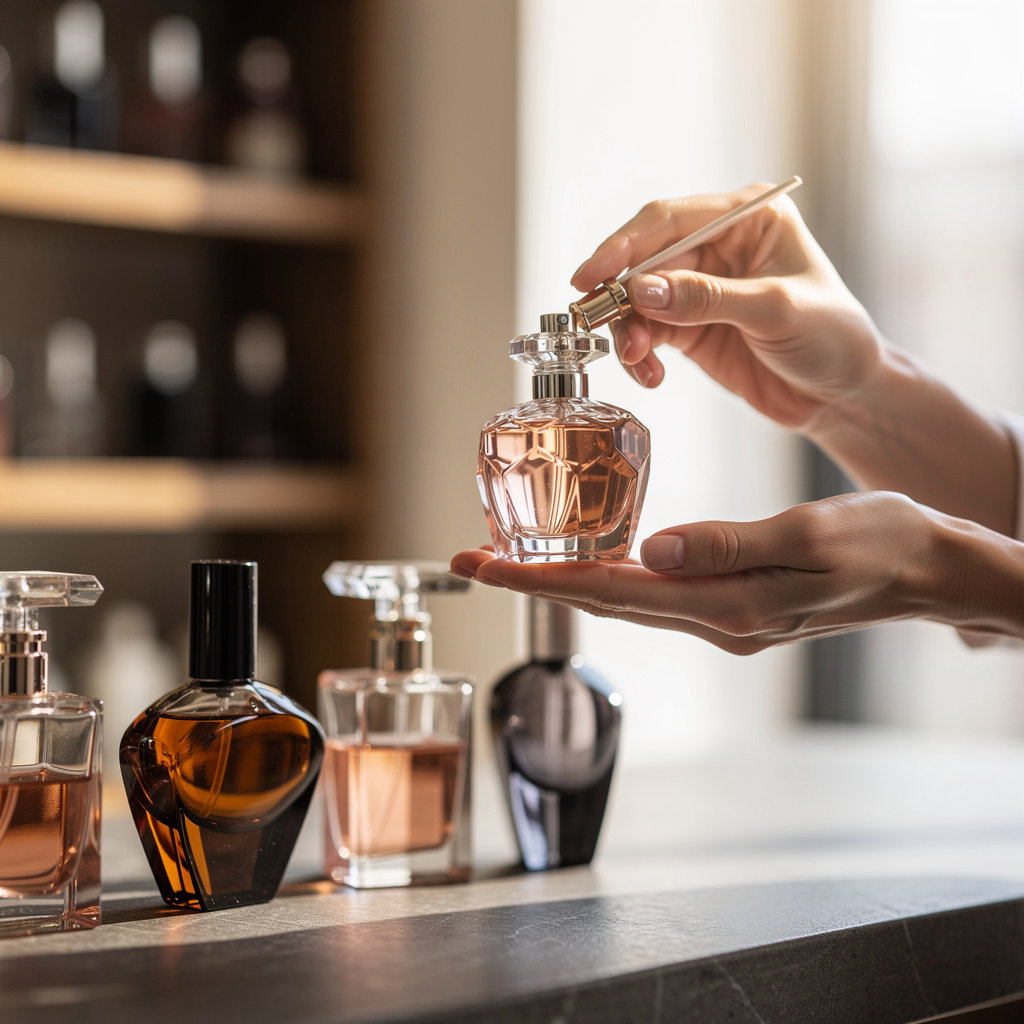 Perfume Gallery Boutique's elegant fragrance collection display in San Diego, showcasing rare and designer perfumes